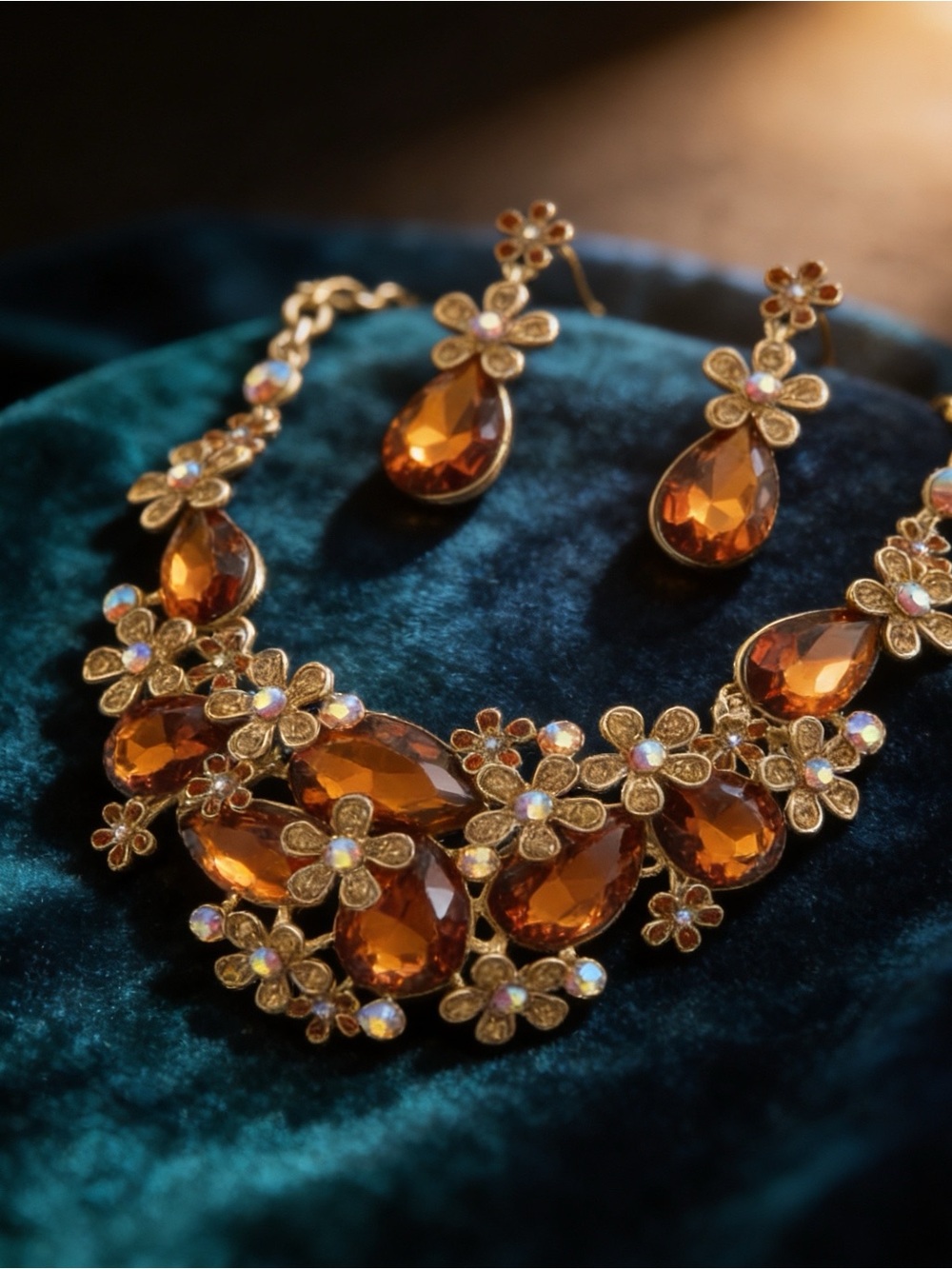Alilang Amber Crystal Floral Statement Necklace Earring Set Gold Tone Bib Collar - Picture 3 of 5